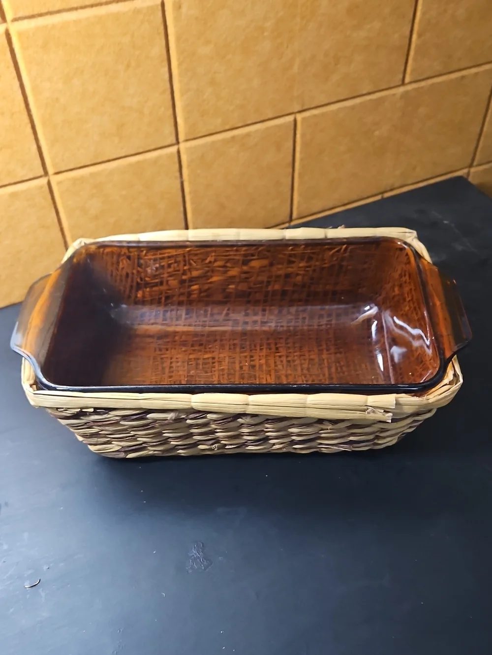 Vt.  Anchor Hocking Fire King Harvest Amber loaf & Basket
